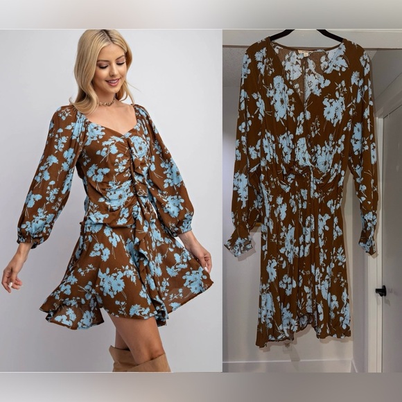 Umgee Dresses & Skirts - Umgee Long Sleeve Floral Printed Ditsy Mini Dress Sz Large Boho Beachy Hippie